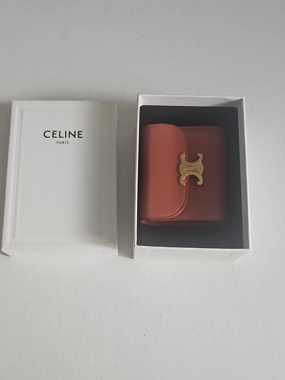 Authentic CELINE Smooth Calfskin Small Flap Wallet Triomphe Terracotta W/ Box